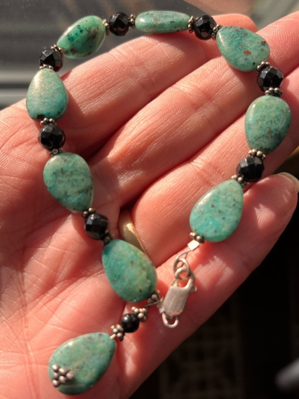 925 Vintage Turquoise-Tone Teardrop Beaded Bracelet Black Faceted Accents